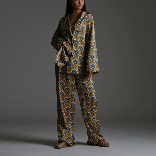 Womens Floral V-Neck Loose Long-Sleeve Jumpsuit With Elastic Pants