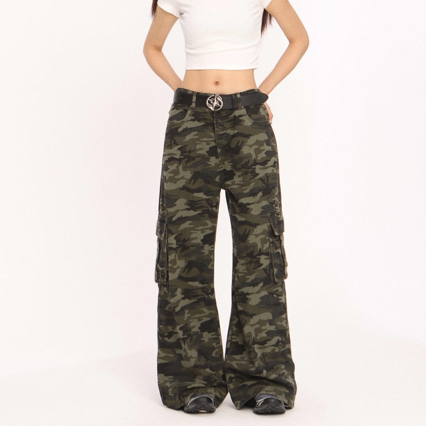 Retro Camouflage Cargo Drooping Straight Wide-leg Pants