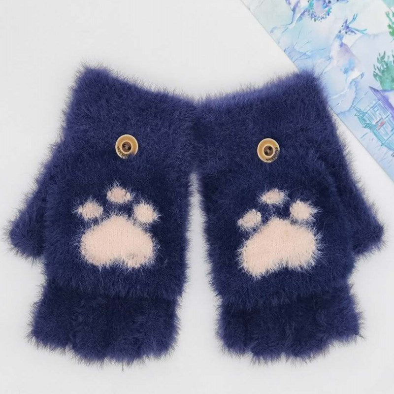 Gloves Women's Warm Cute Half Finger Gloves Imitation Mink Cat Claw Flip Yarn Fingerless Gloves