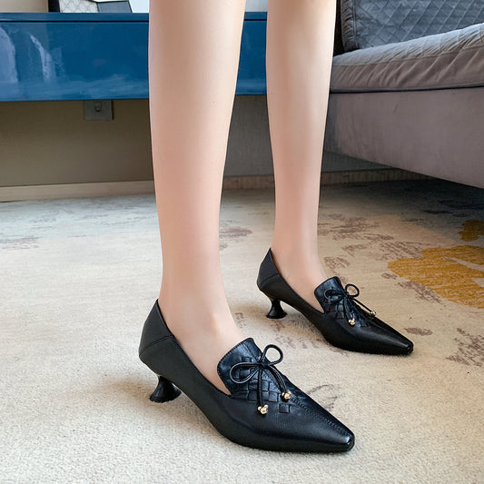 Cowhide High Heels Female British Style Fashion