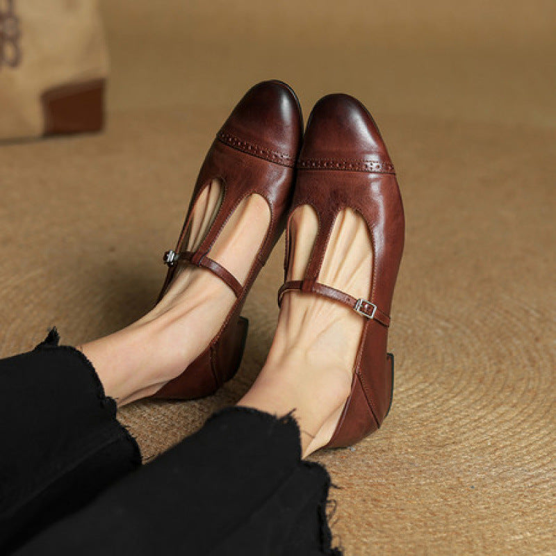 Women's T-shaped Buckle Old First Layer Cowhide Round Toe Flats