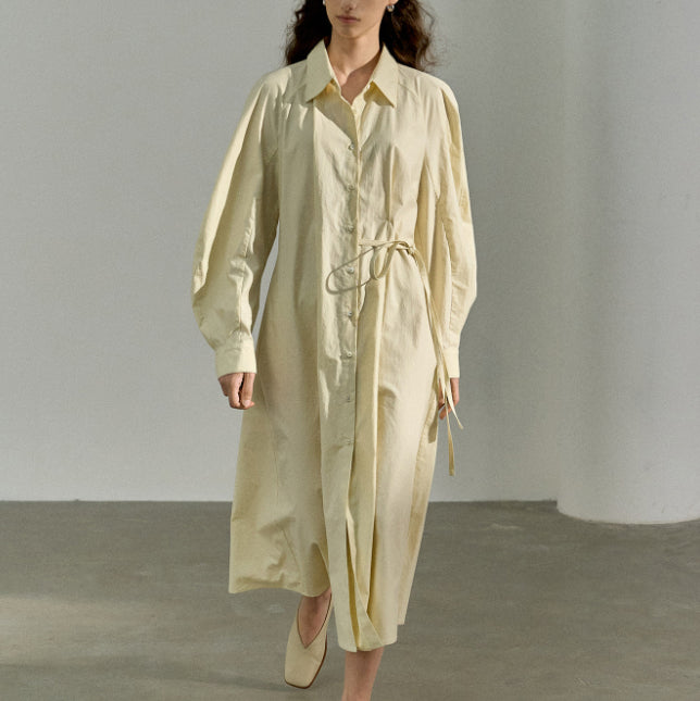 Cotton Brushed Three-dimensional Curved Sleeve Fitted Waist Shirt Dress Women