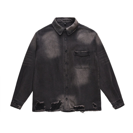 Punk Waste Soil Washed Old Ripped Denim Loose Casual Turn-down Collar Coat