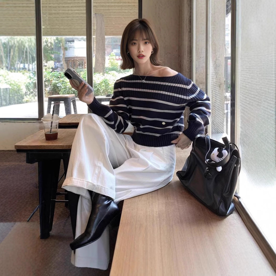 Short, Striped Off-the-shoulder Pullover Sweater