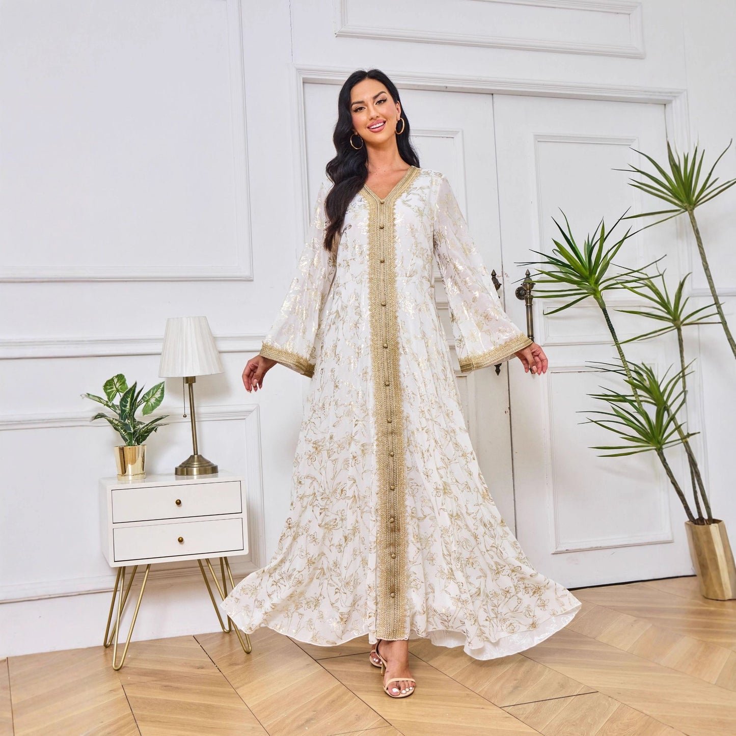 Scratch-printed Gold-stamped Fashionable Ethnic-style Dress