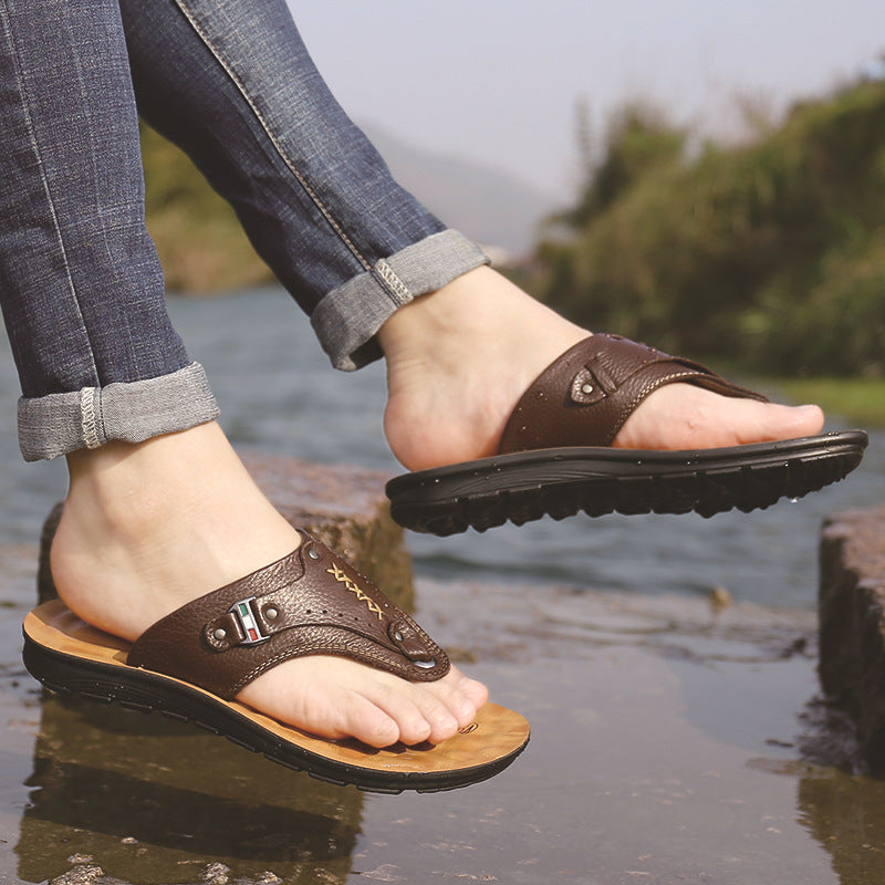 Casual Shoes Open-toe Outdoor Leather Flip-flops With Soft Soles