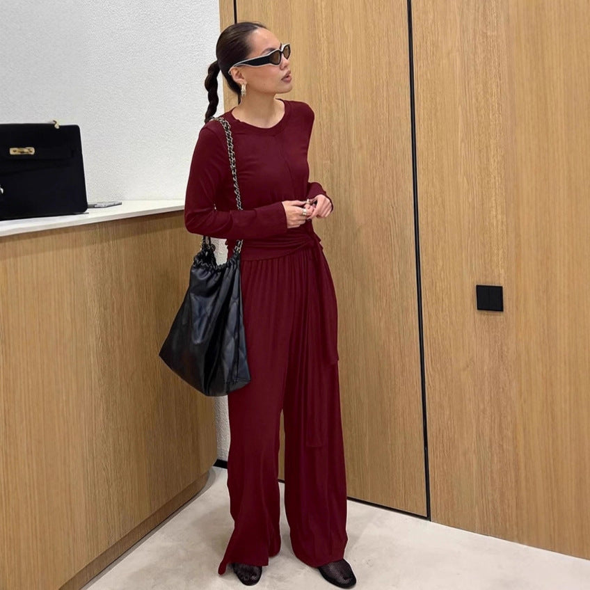 European And American Elegant Wine Red Knitted Top Suit