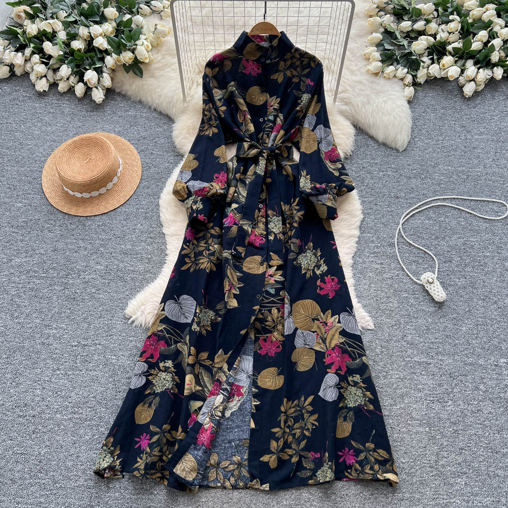 Fransk-inspireret retro elegant enkelttradet blomstret kjole med snøre i taljen til kvinder