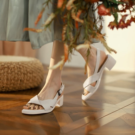 High-heeled Sandals With Back Buckle Wide Strap Leather Women's Shoes
