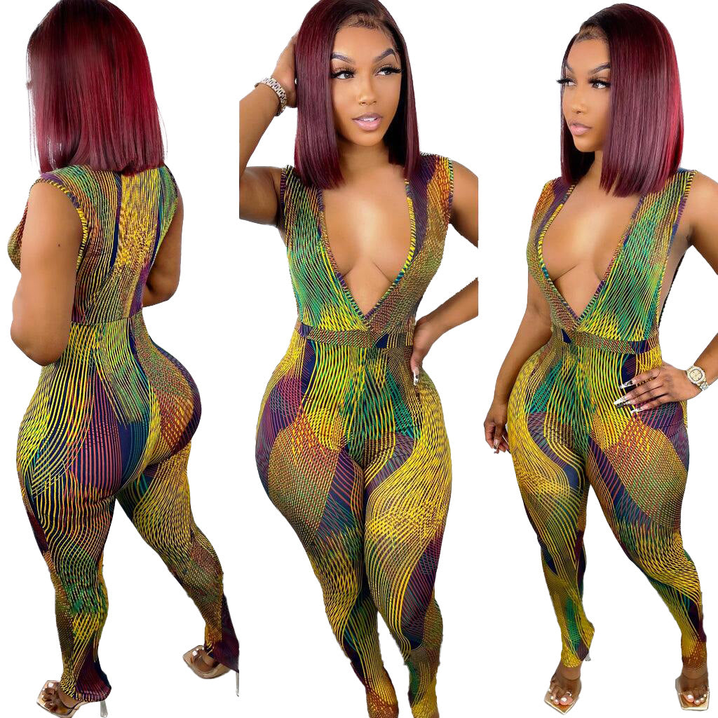 European And American Sexy Deep V Stripe Digital Printing One-piece Nightclub Uniforms