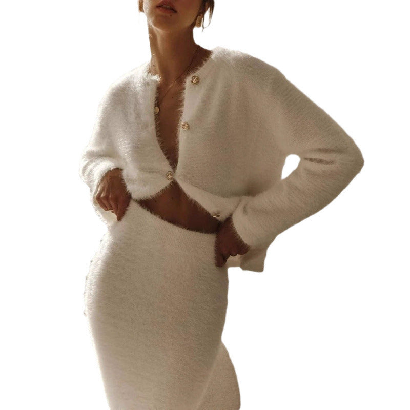 Women's Solid Color Long Sleeve Button Coat Skirt Fashion Suit