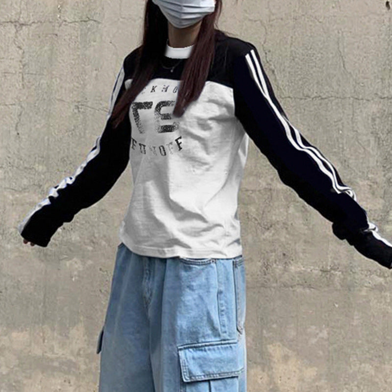 American Street Digital Printing Contrast Color Striped Stand Collar Splicing Machine Car Style Long Sleeve