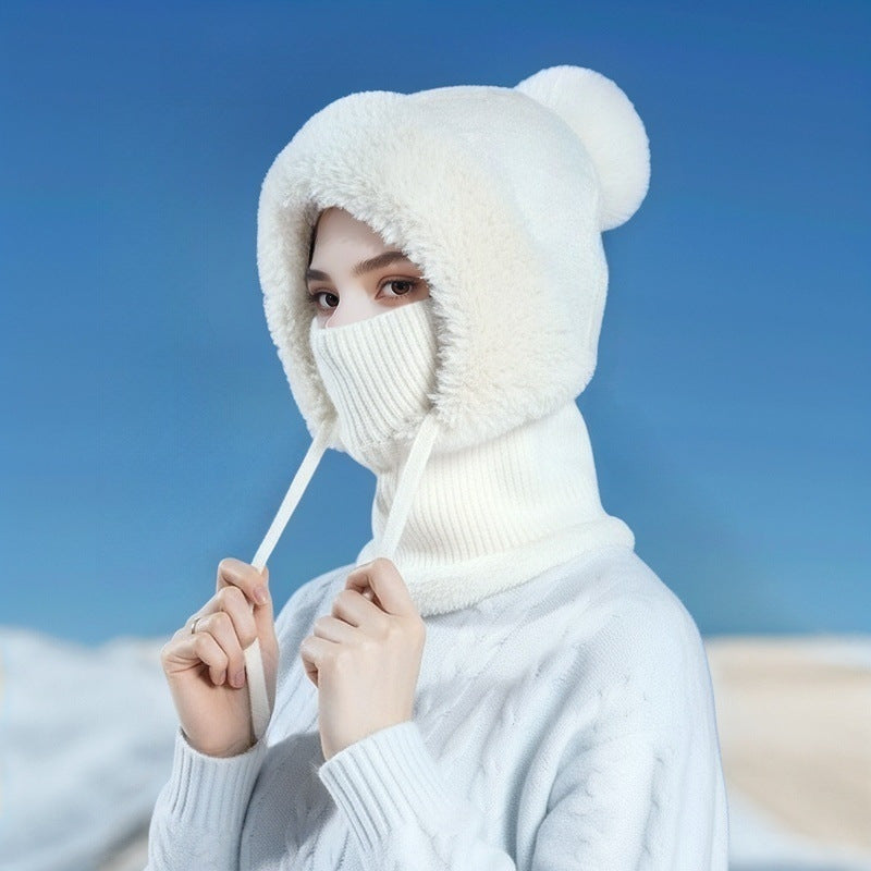 Scarf Integrated Knit Women's Fleece-lined Warm Hat