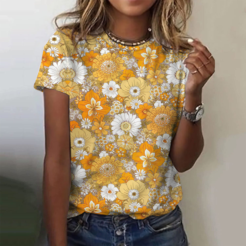 Casual Floral Style Printing Women's Summer T-shirt