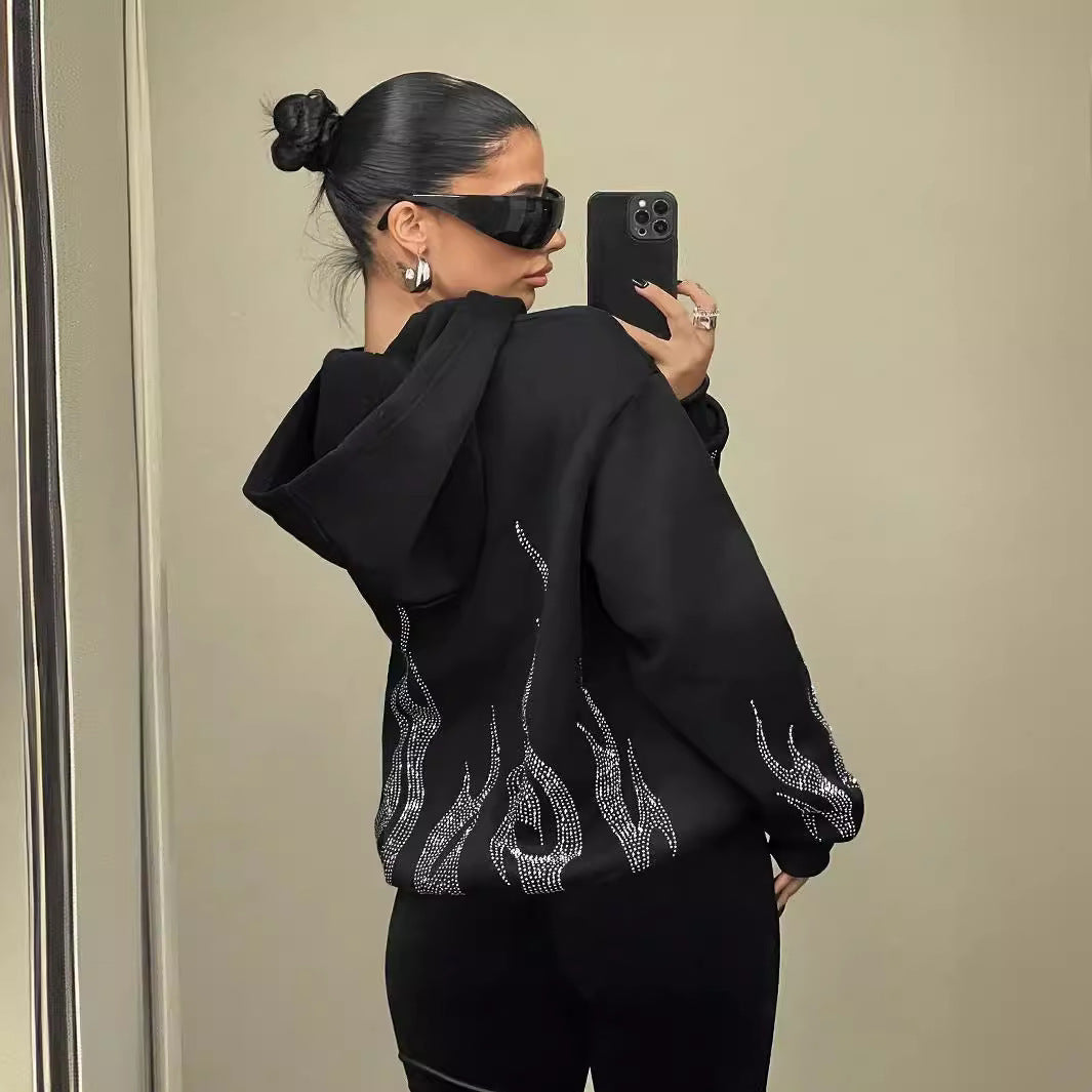 Street Trend Flame Rhinestone Løs Hættetrøje Med Lynlås