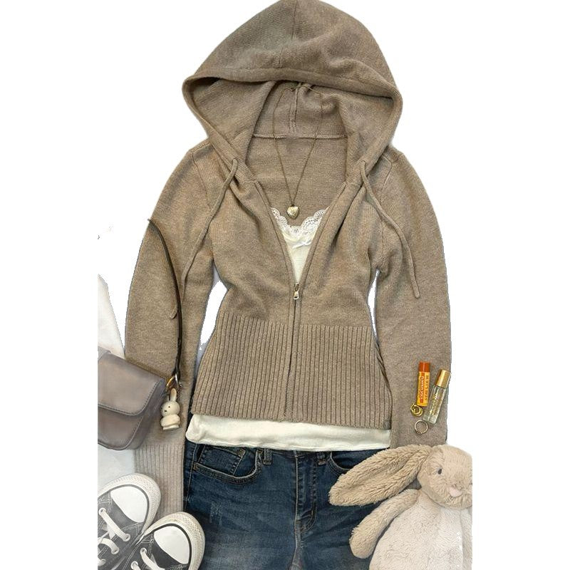 Slimming Flattering Hooded Zip Up Knit Cardigan