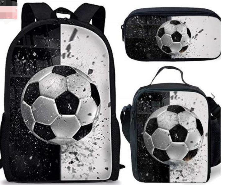 Football Print Children's Three-piece Backpack Satchel Big Pen Bag Student Backpack
