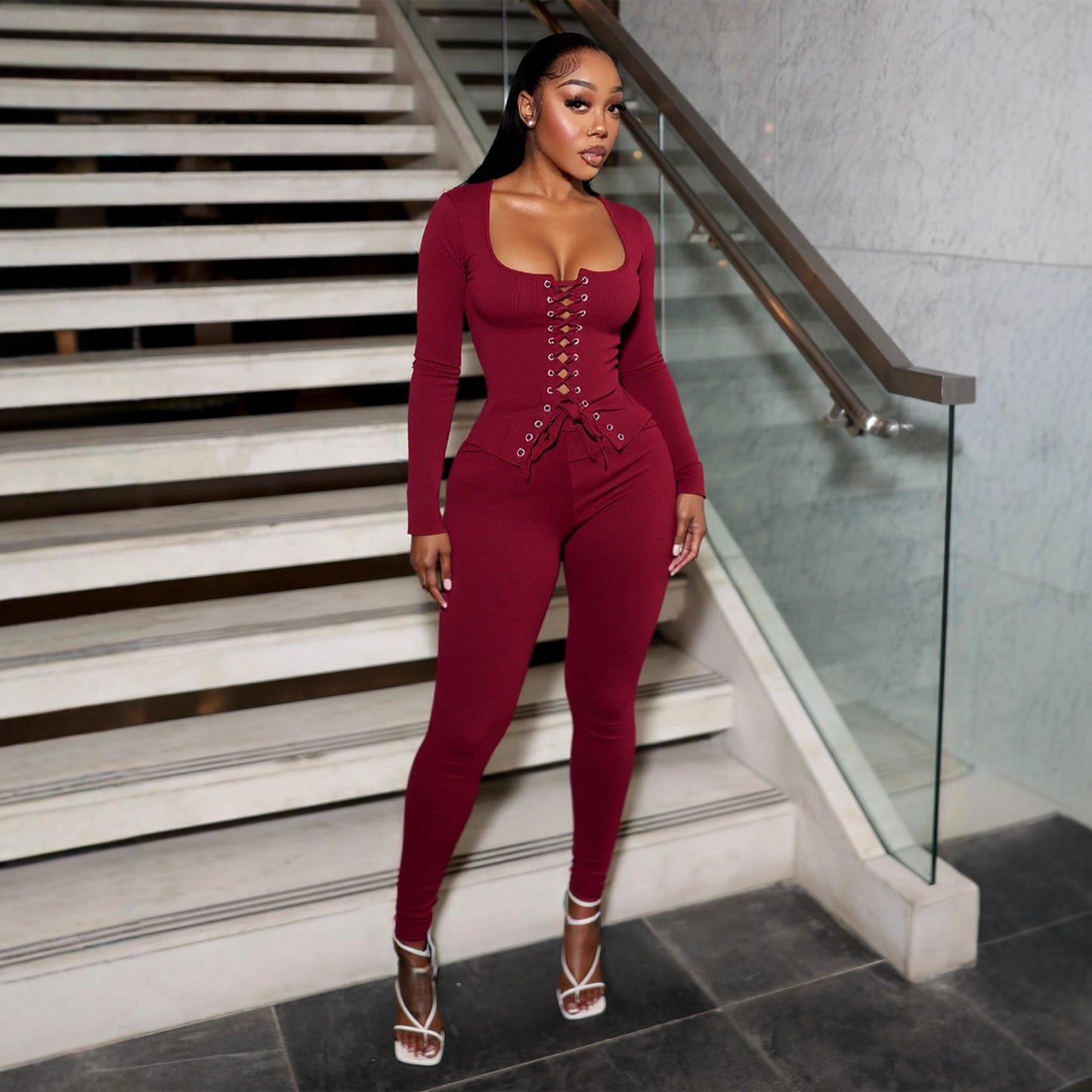 Women's Sexy Girl Chest Tie Long Sleeve Long Pants Solid Color Slim Two-piece Set