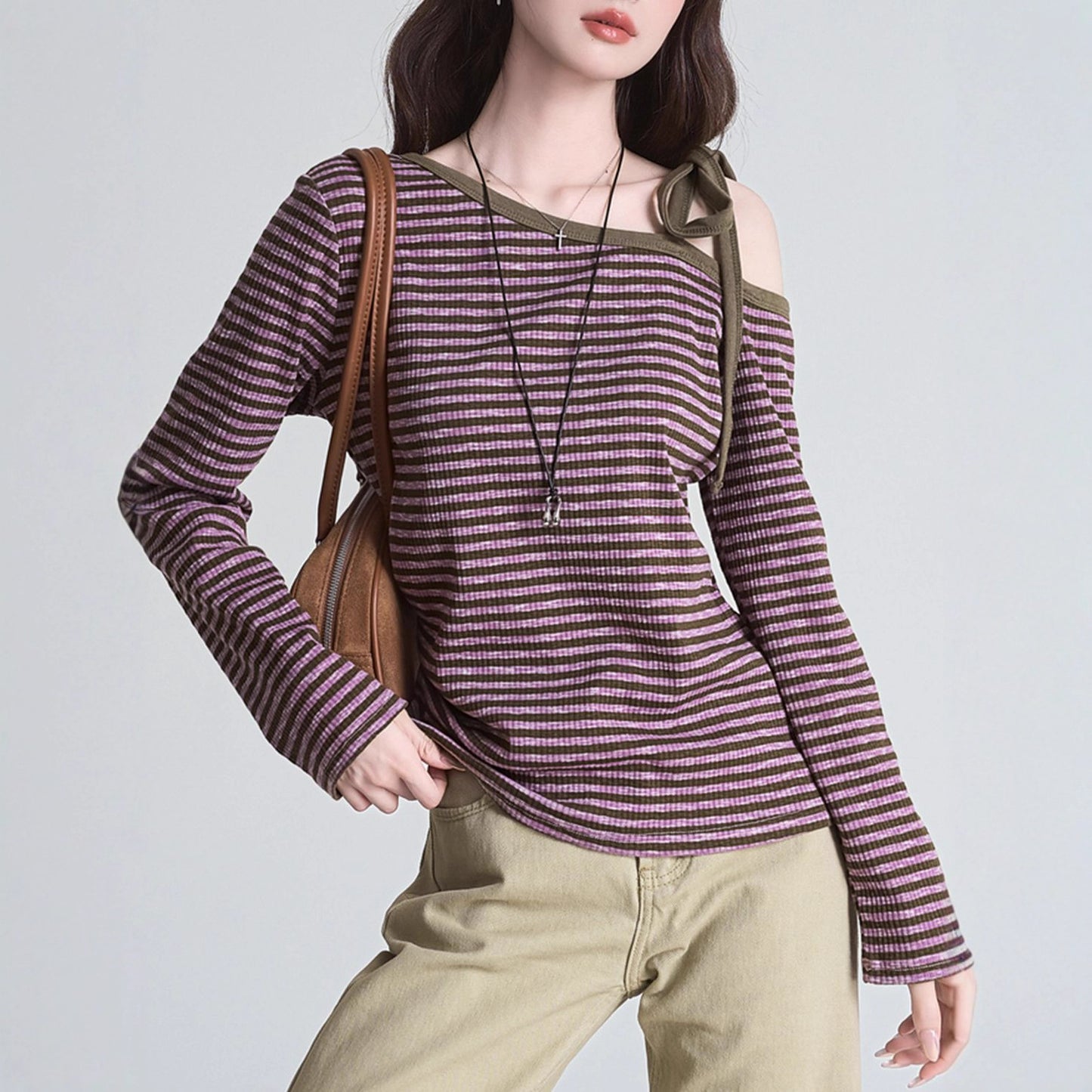 Purple Striped Off-shoulder Long Sleeve Women's Slim Base Shirt