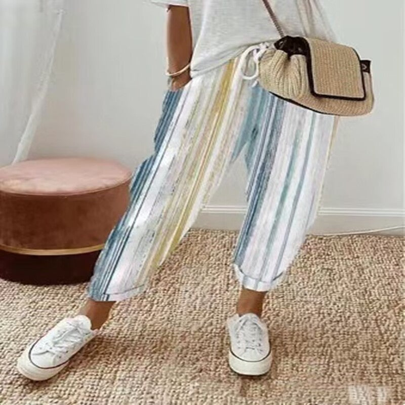 Printed Pocket Fashion Lace-up Straight-leg Trousers