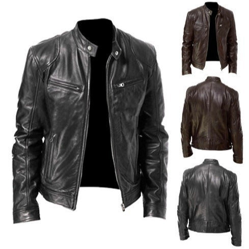 Mens Leather With A Stand-up Collar Punk-style Jacket