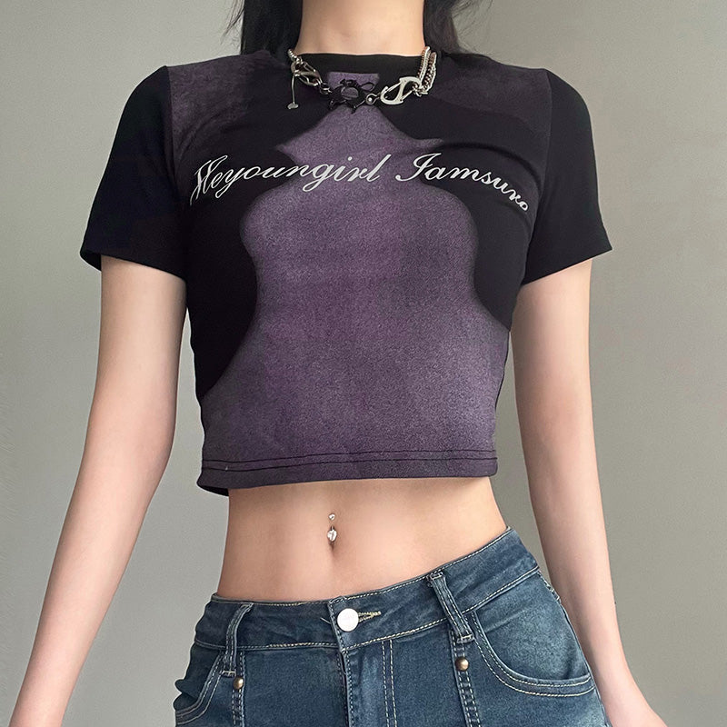 Abstract Face Print Color Contrast T-shirt Women's Slim Fit
