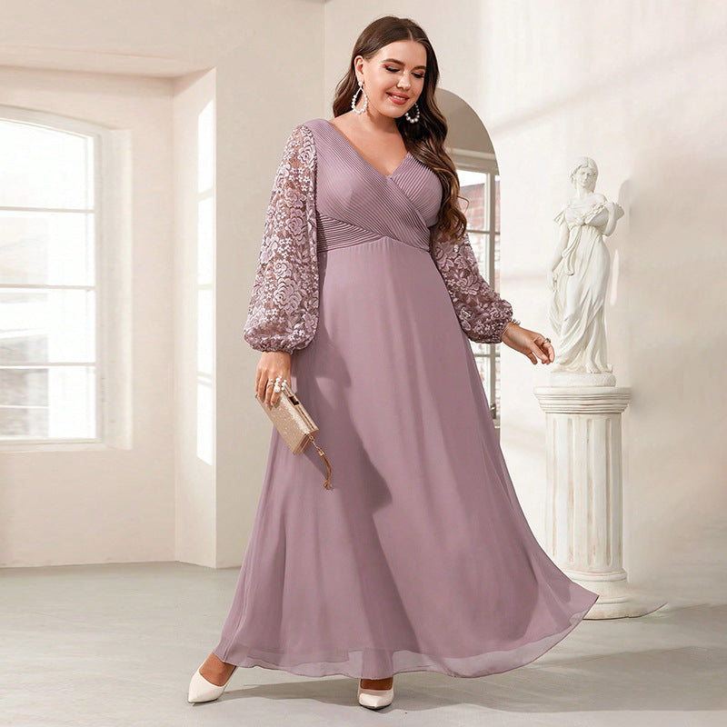New Silk Satin V-neck Long-sleeve Dress