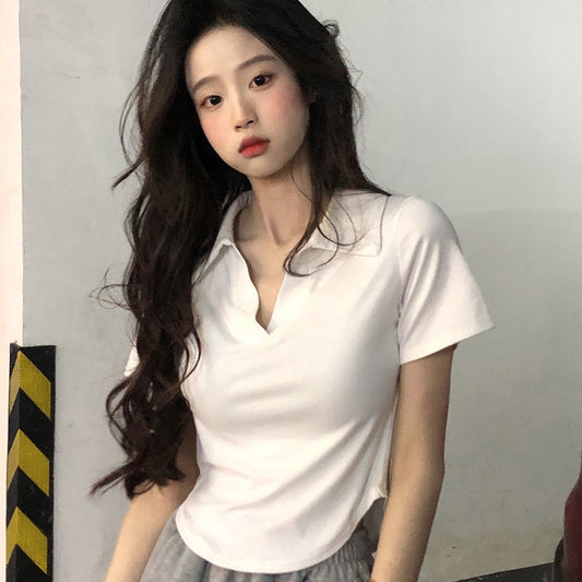 Solid-color Simple Lapel-neck Short-sleeve Top For Women