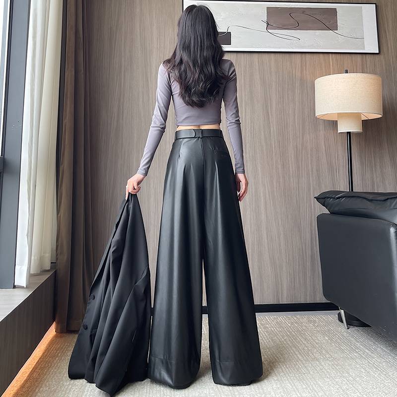 Suit Wide-leg Leather Pants Women's High Waist Loose