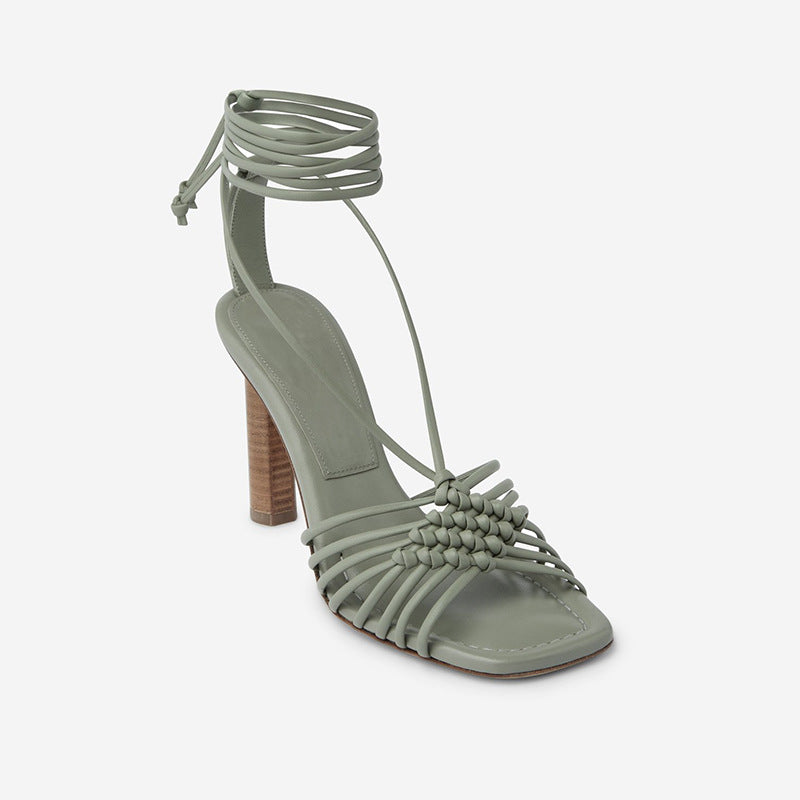 Cross Border New Style Square Head Style Large And Small Thick Heel Back Strap Woven Sandals