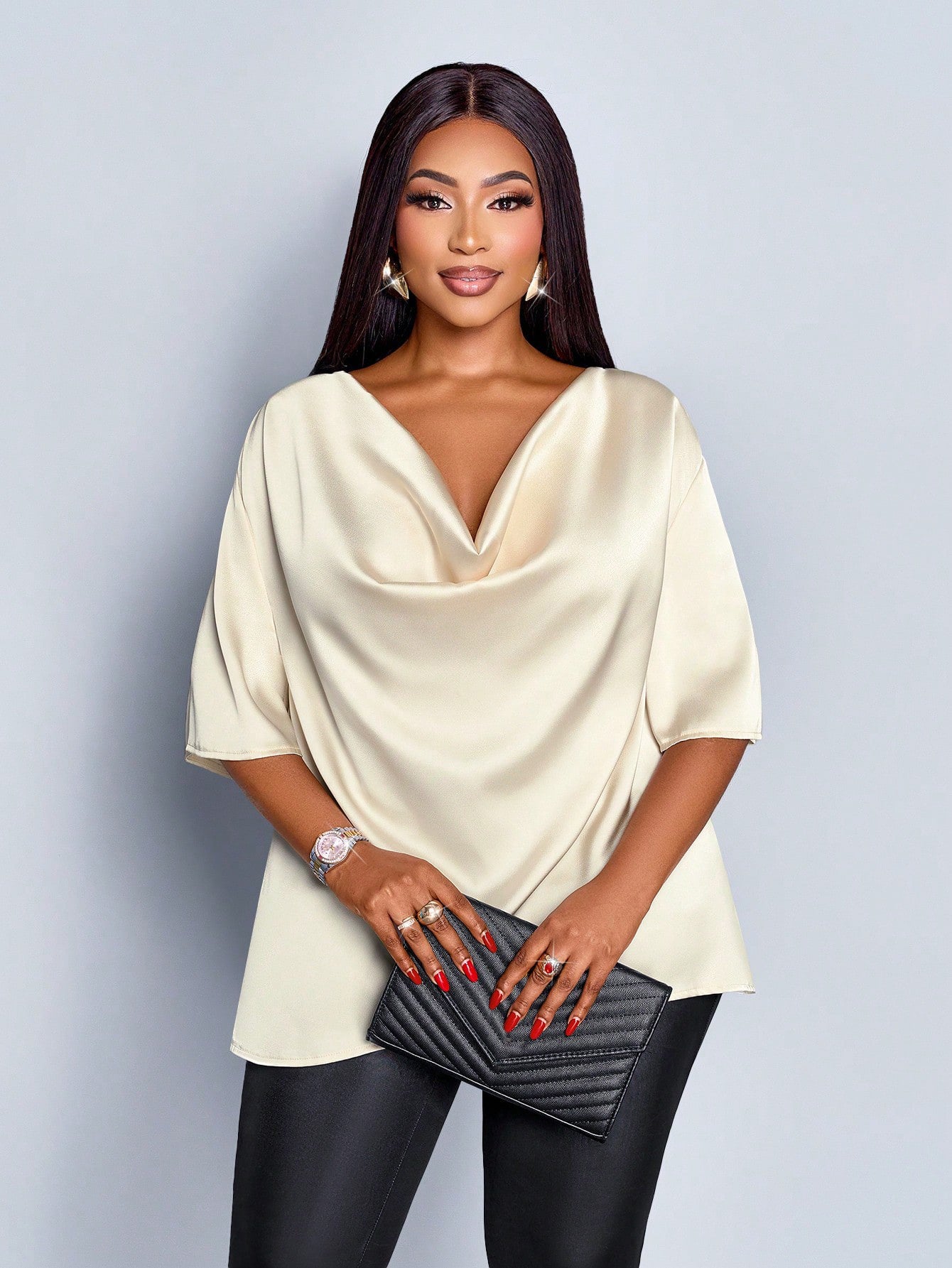 New Relaxed-fit Casual V-neck Mid-sleeve Long-sleeve Solid-color Chiffon Top