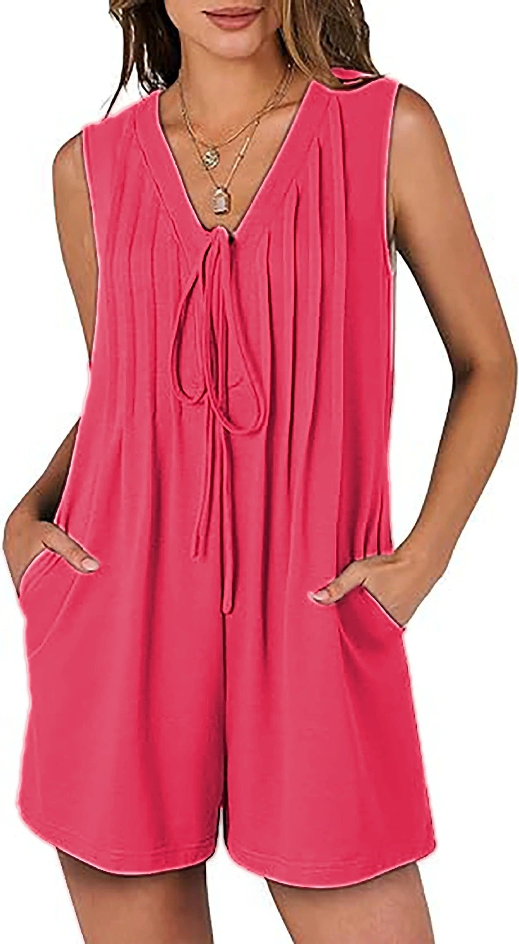 Summer Loose Sleeveless Pleated Front-tie V-neck Short Jumpsuit With Pockets