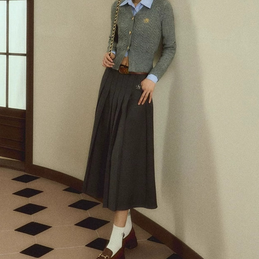 Retro High Waist A- Line Pleated Long Skirt Navy Blue Commuter College Style