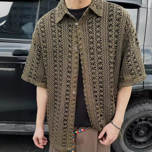 Retro Hollow-out Knitted Short Sleeve Men's Summer