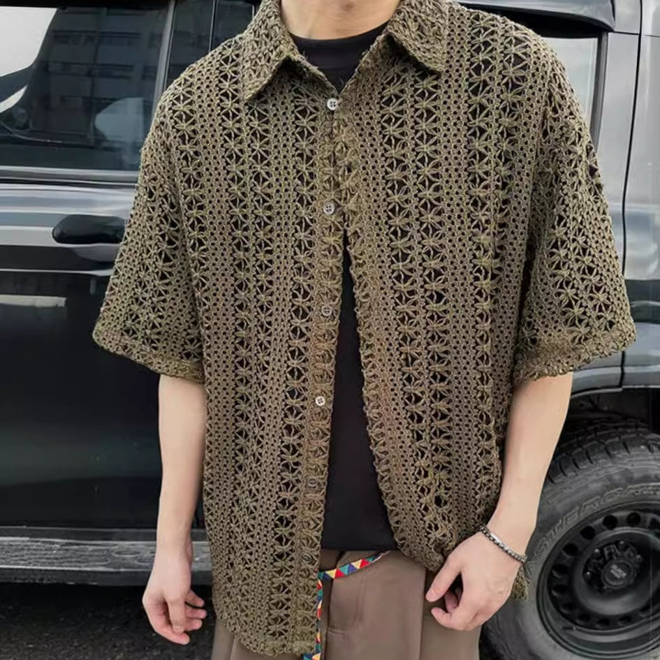 Retro Hollow-out Knitted Short Sleeve Men's Summer