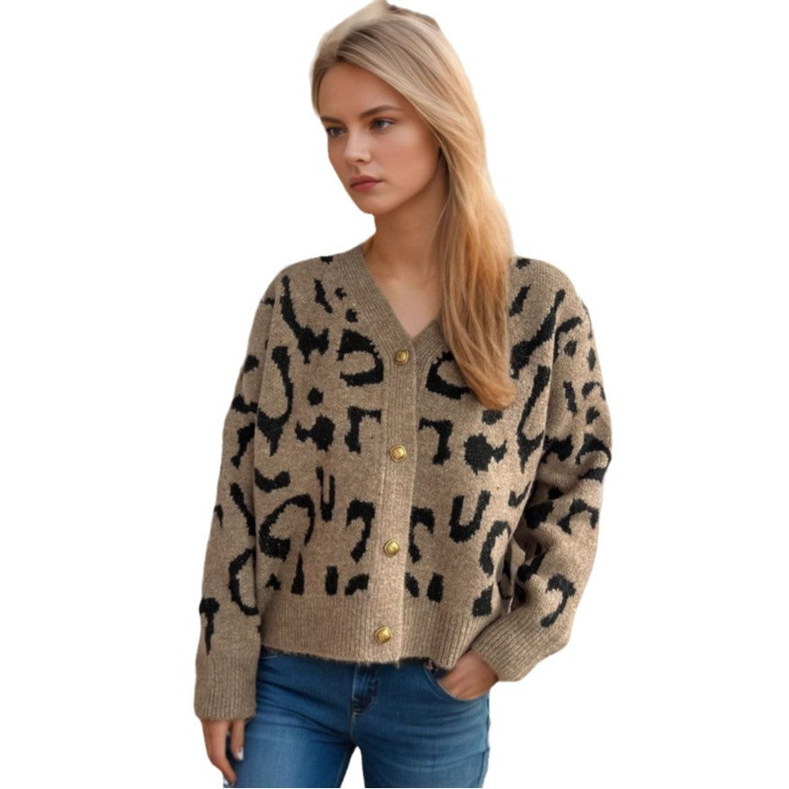Women's Leopard Print Short Sweater V-neck Casual Knitted Cardigan Top