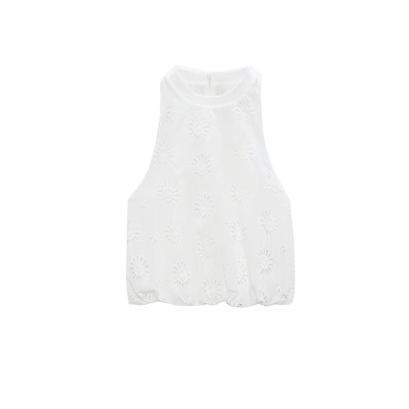 White Hollow-out Embroidered Top High Waist Skirt