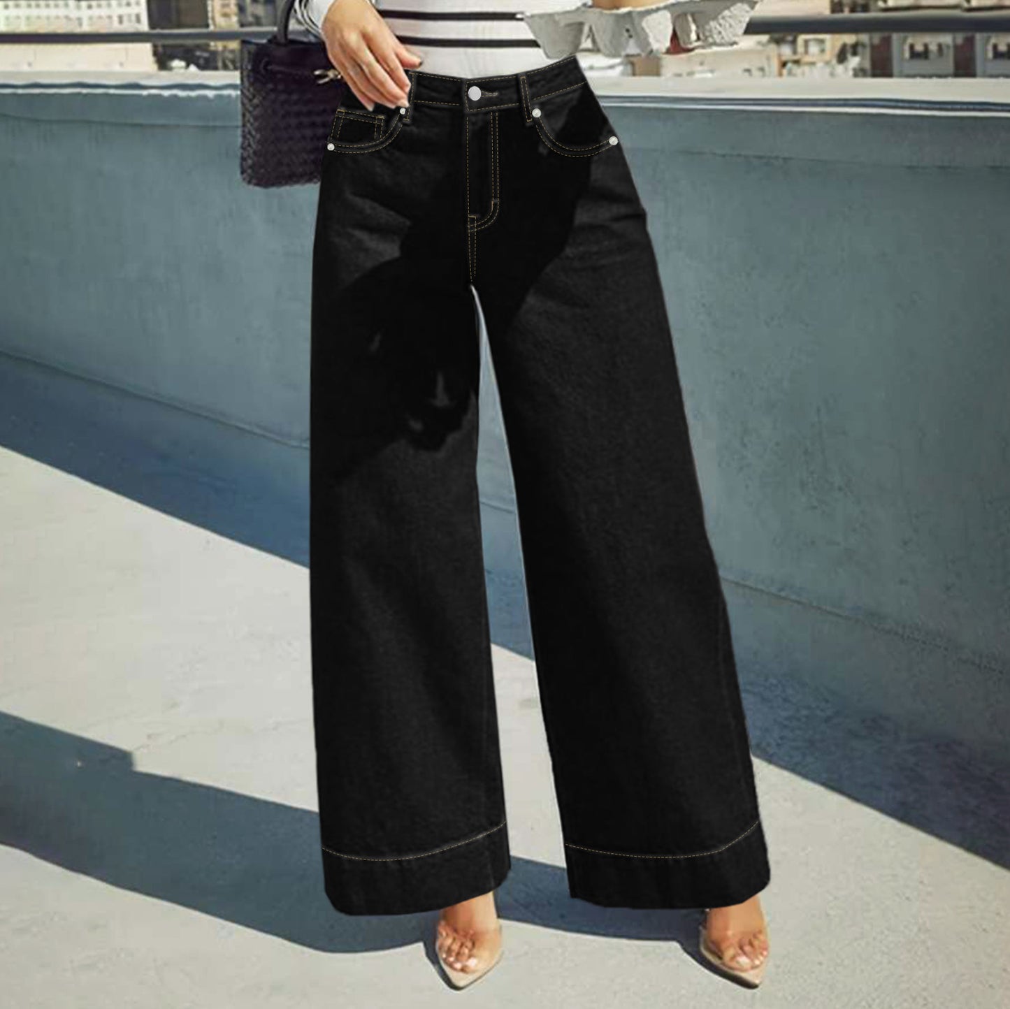 Kvinders stilfulde afslappede sorte wide-leg jeans