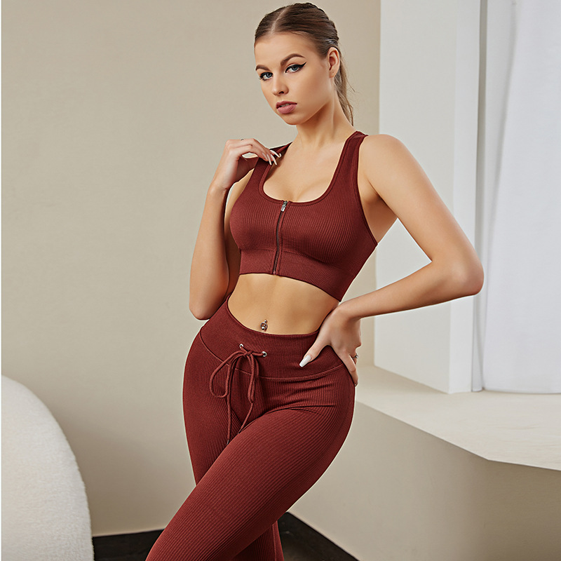 Seamless Fitness Wear Sports Zip Up Vest And Pants Yoga Set