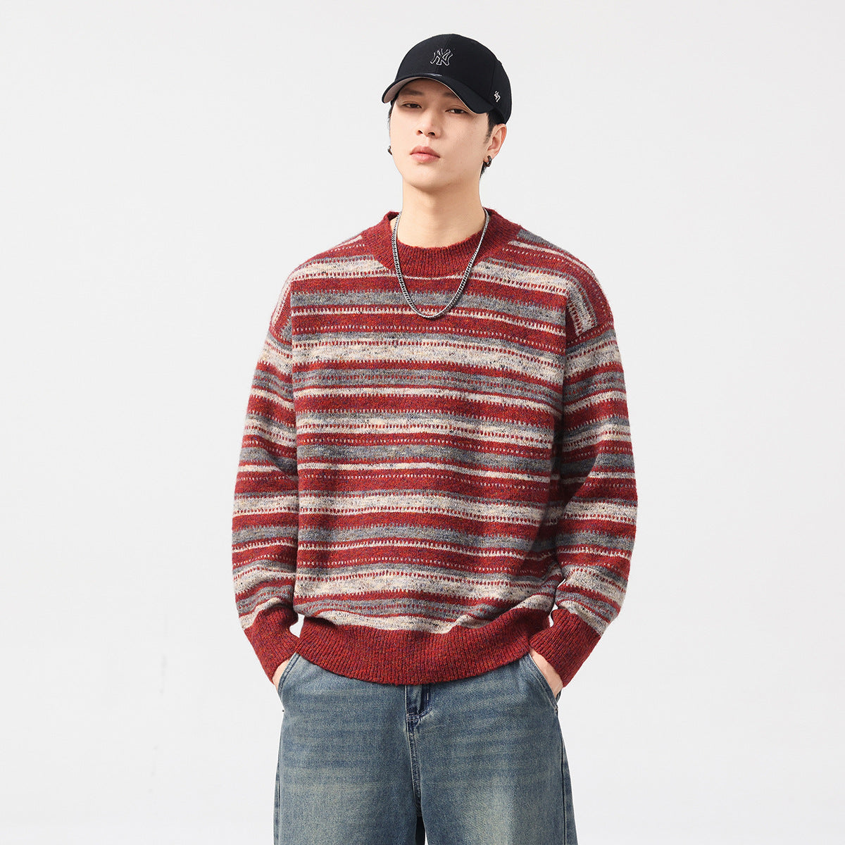 Herre Løstsiddende Retro Striktrøje Rund Hals Stribet Sweater