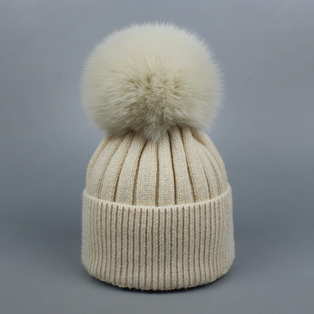 Fox Fur Warm Winter Hat With Ball For Women Child Girl Wool Thick Knitted
