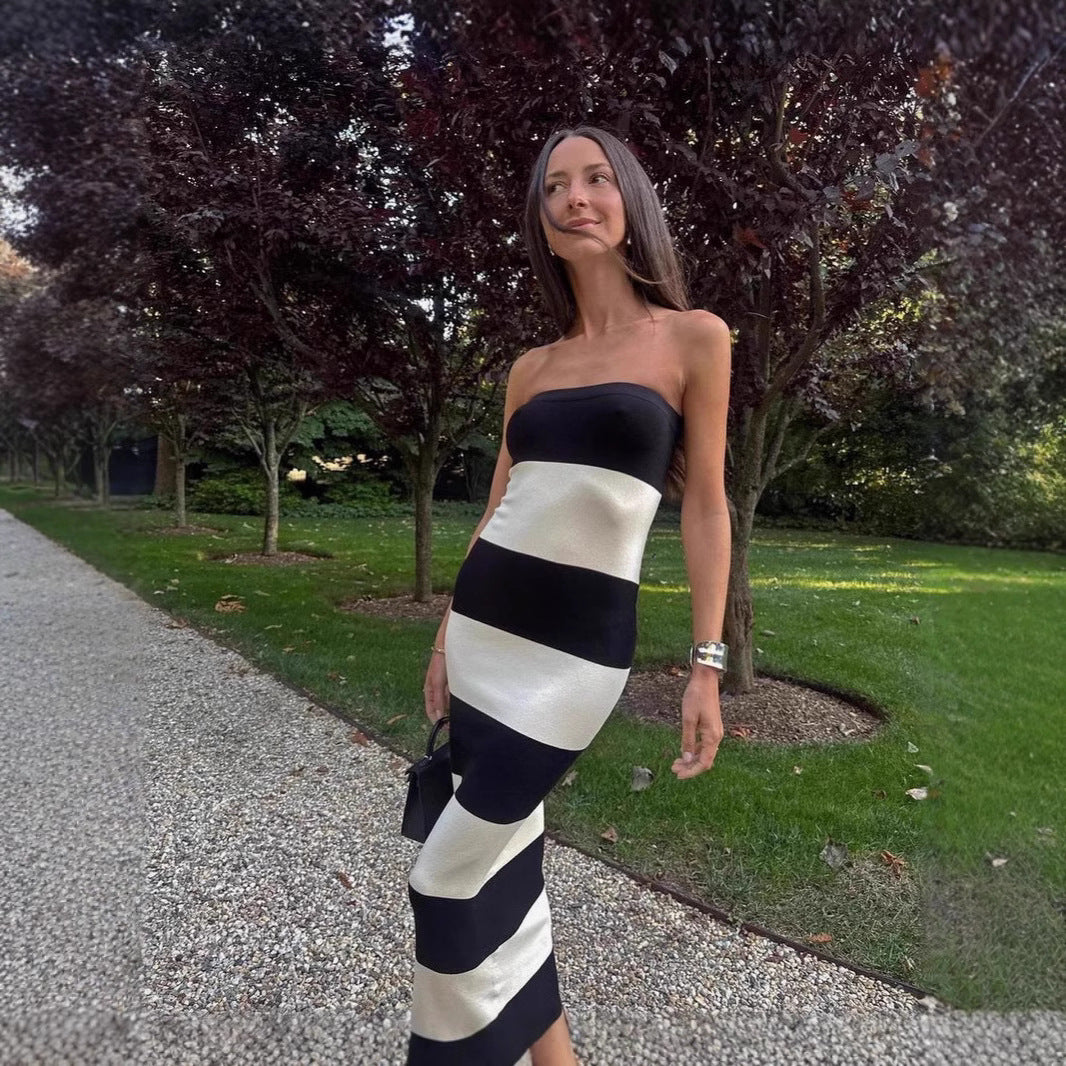 Womens Knitted Color-Block Sexy Bodycon Striped Sheath Dress