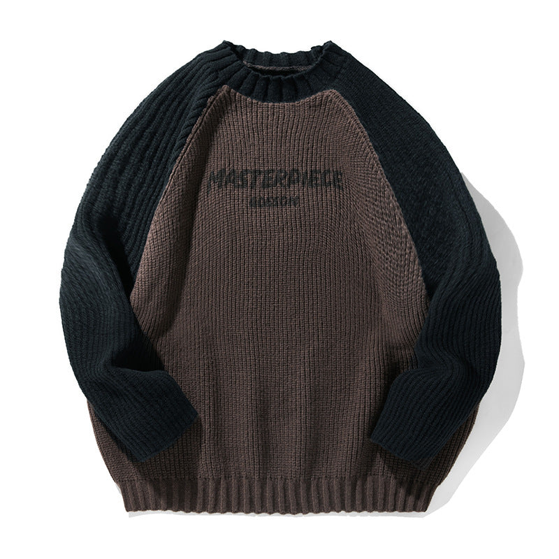 Raglan Sleeve Color Contrast Patchwork Design Sweater Thick Needle Texture American Letters