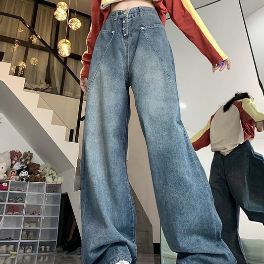 Retro Washed Worn Jeans Slimming And Straight Bootleg Pants