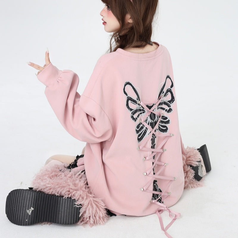 Sweet Cool Bow Bandage Heavy Industry Round Neck Loose Sweatshirt Autumn