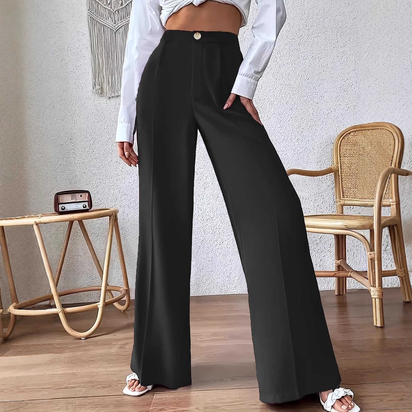 Elegant Buttoned-up Loose-fitting Straight-leg Suit Pants