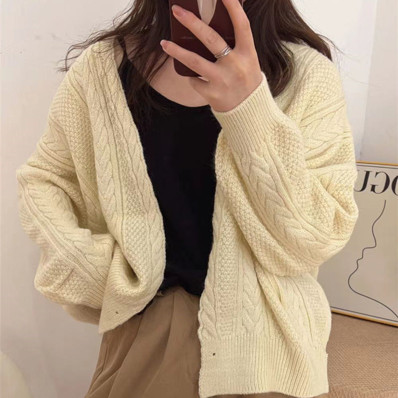 Korean Style V-neck Diagonal Button Twist Knitted Cardigan