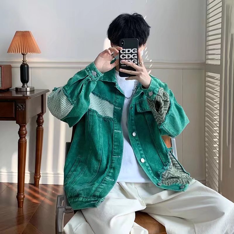 American Fashion Worn-out Patchwork Raw Edge Denim Coat