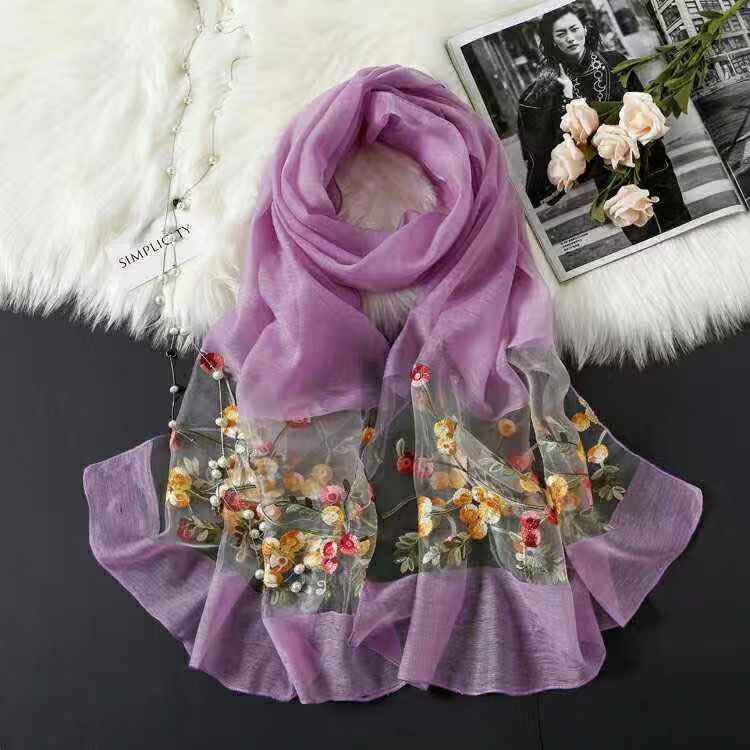 Elegant Versatile Embroidered Silk Scarf For Women Thin