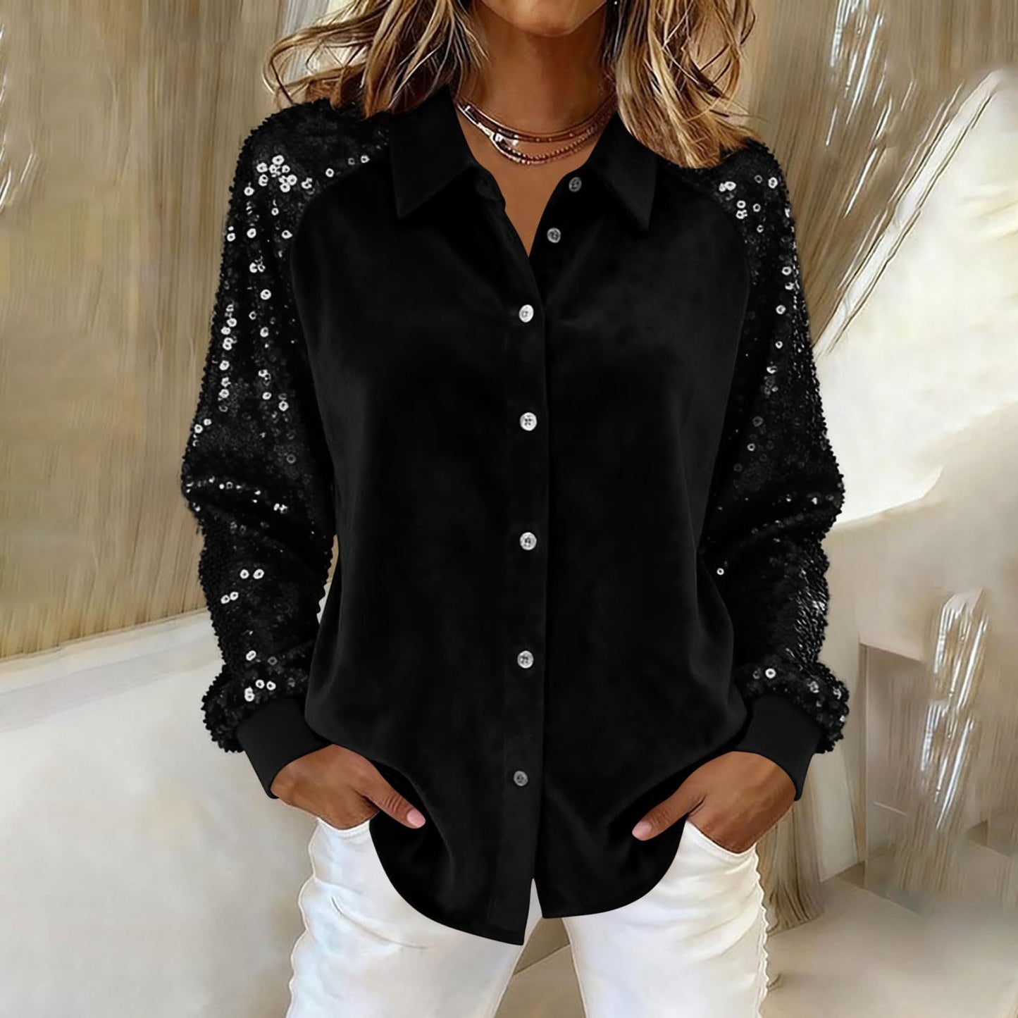 New Womens Long-sleeve Shirt In Gold Velvet With Sequin Patchwork